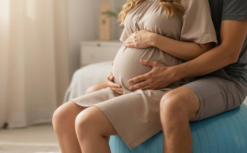 Schwangere Frau sitzt mit ihrem Partner auf einem Gymnastikball und beide Personen halten ihren Bauch