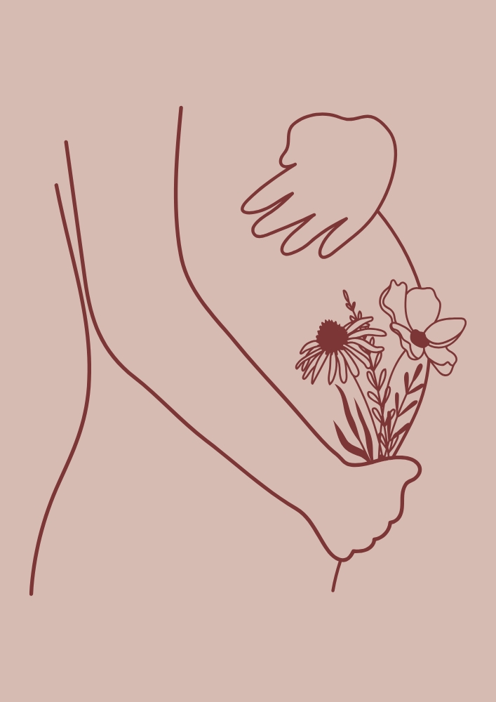 Illustration einer schwangeren Frau in braun-beiger Linienzeichnung mit Blumenmotiv