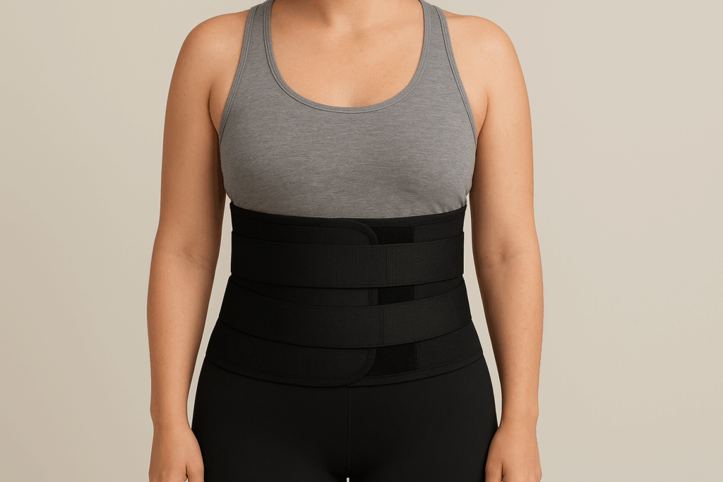 Frau trägt eine schwarze Bauchbandage, tupler Gurt über einem grauen Top